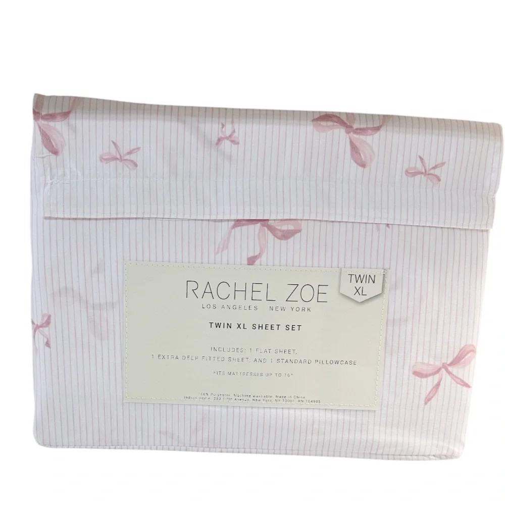 NEW Rachel Zoe BOWS & STRIPES PINK/WHITE Twin XL Sheet Set